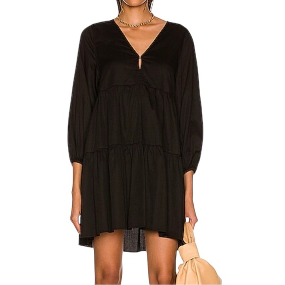 Enza Costa New NWT Black Cool Cotton Long Sleeve V-Neck Tiered Dress Size 1  / S